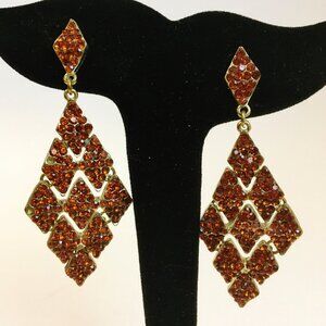 Rhinestone Earrings Amber Orange Brass Gold Tone Metal Post Diamond Shape Drop